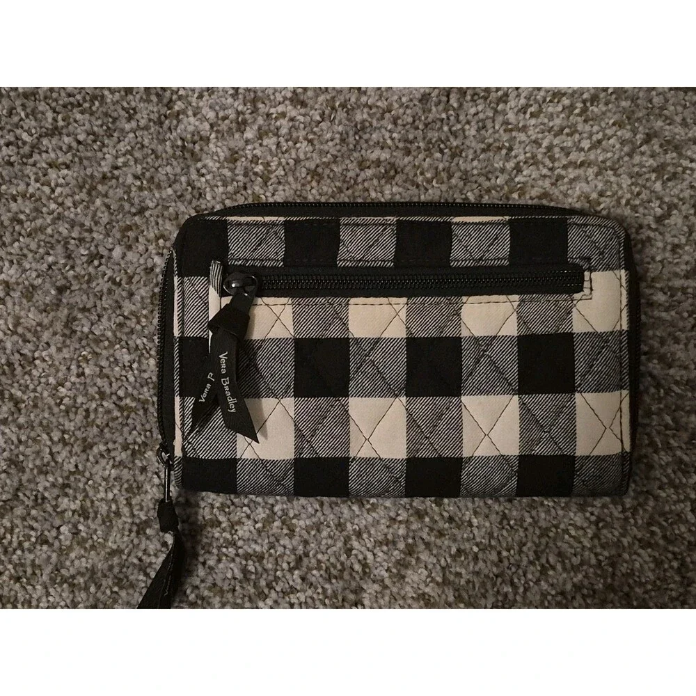 VERA BRADLEY RFID Turnlock & Zip Around Wallet - Pearl Buffalo Check Black